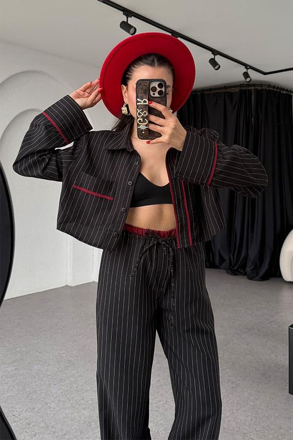 Ocie Çizgili Crop Gömlek Takım