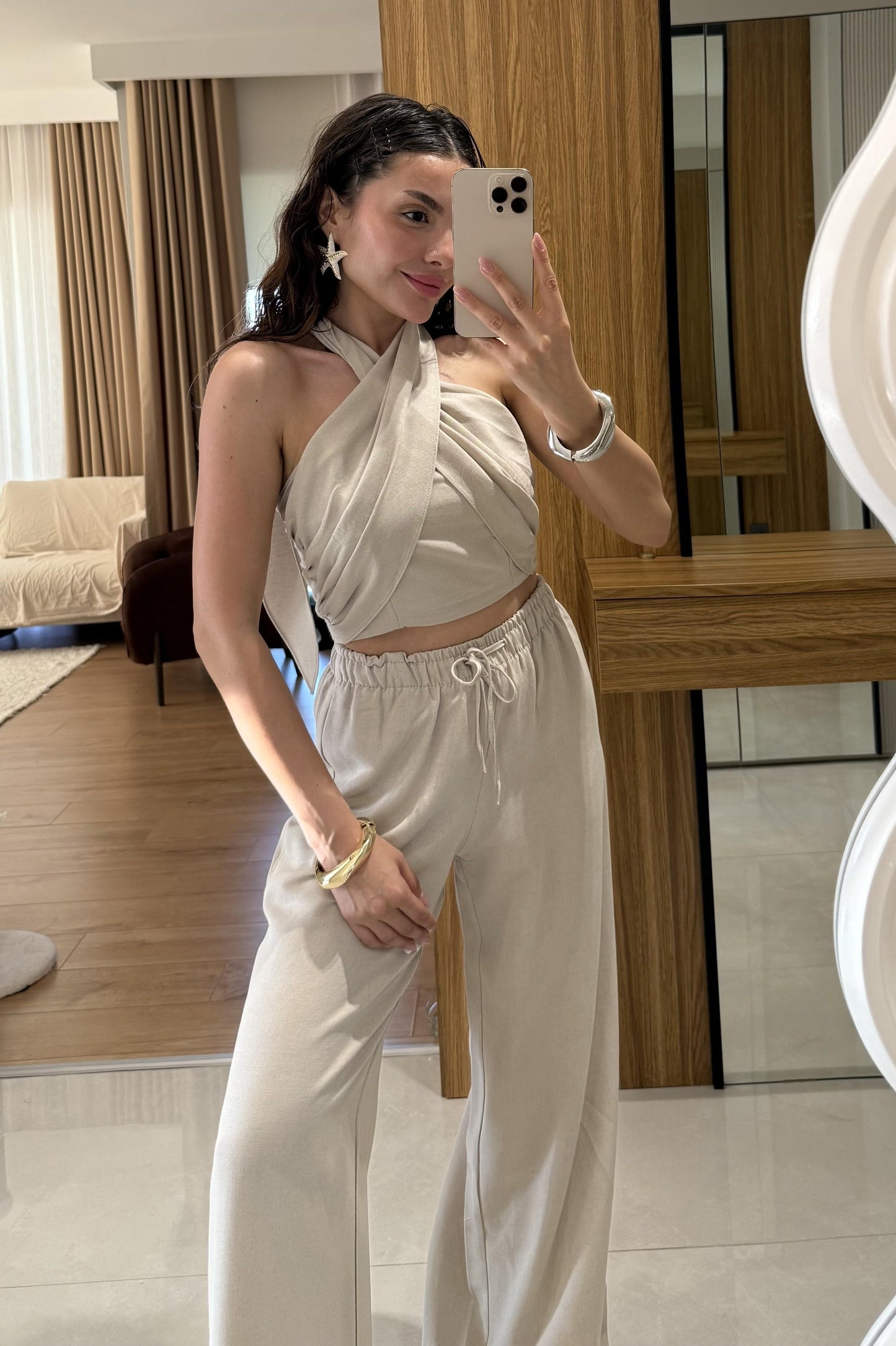 Ophira Bej Boyundan Bağlamalı Keten Takım