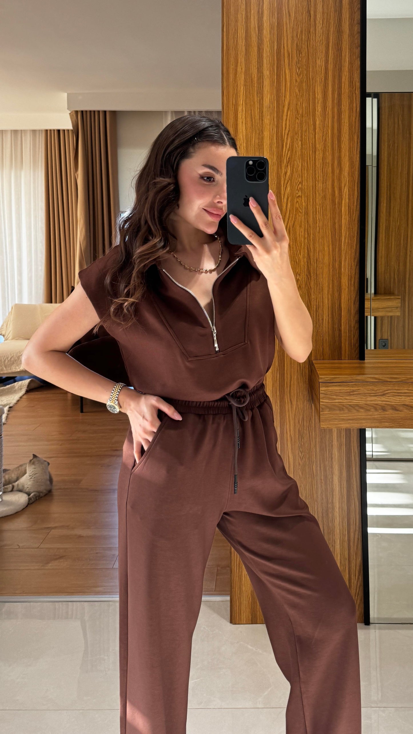 Orelia Acı Kahve Fermuarlı Modal Takım