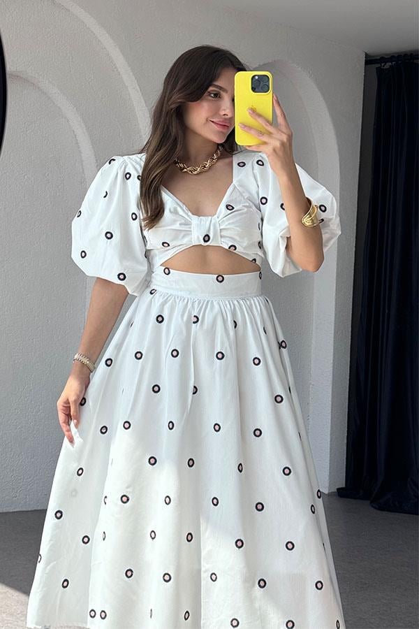 Orion Mavi Çiçek Nakışlı Crop Etek Takım