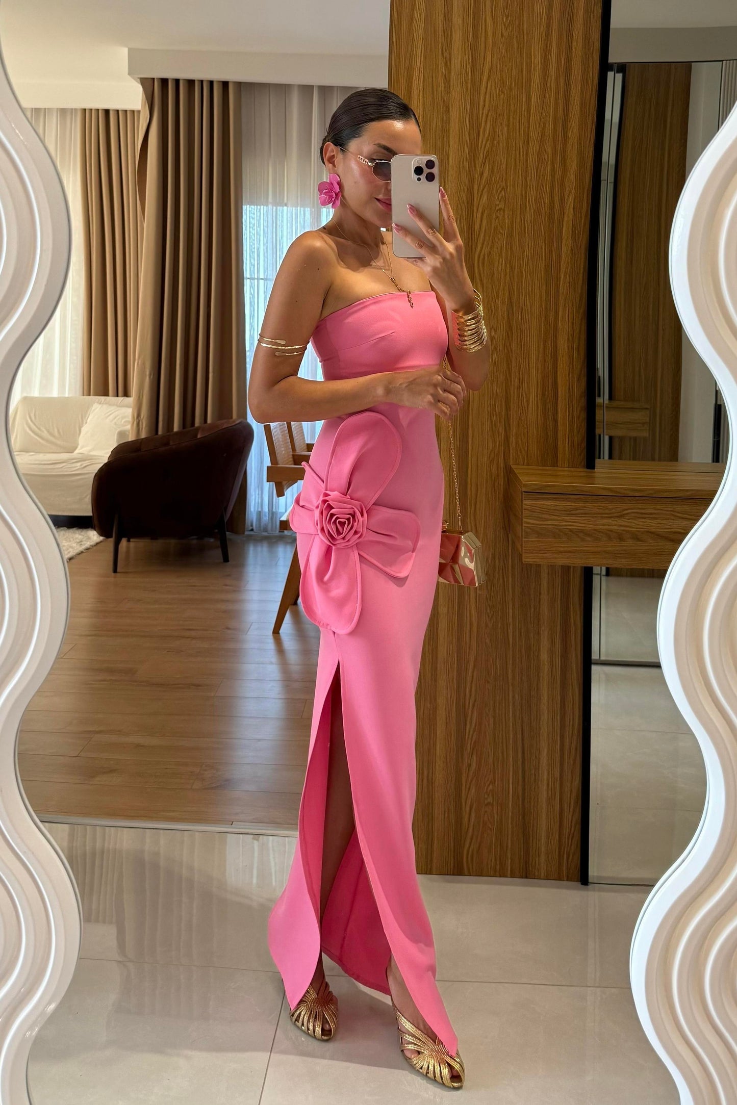 Orselle Pembe Gül Detaylı Straplez Elbise