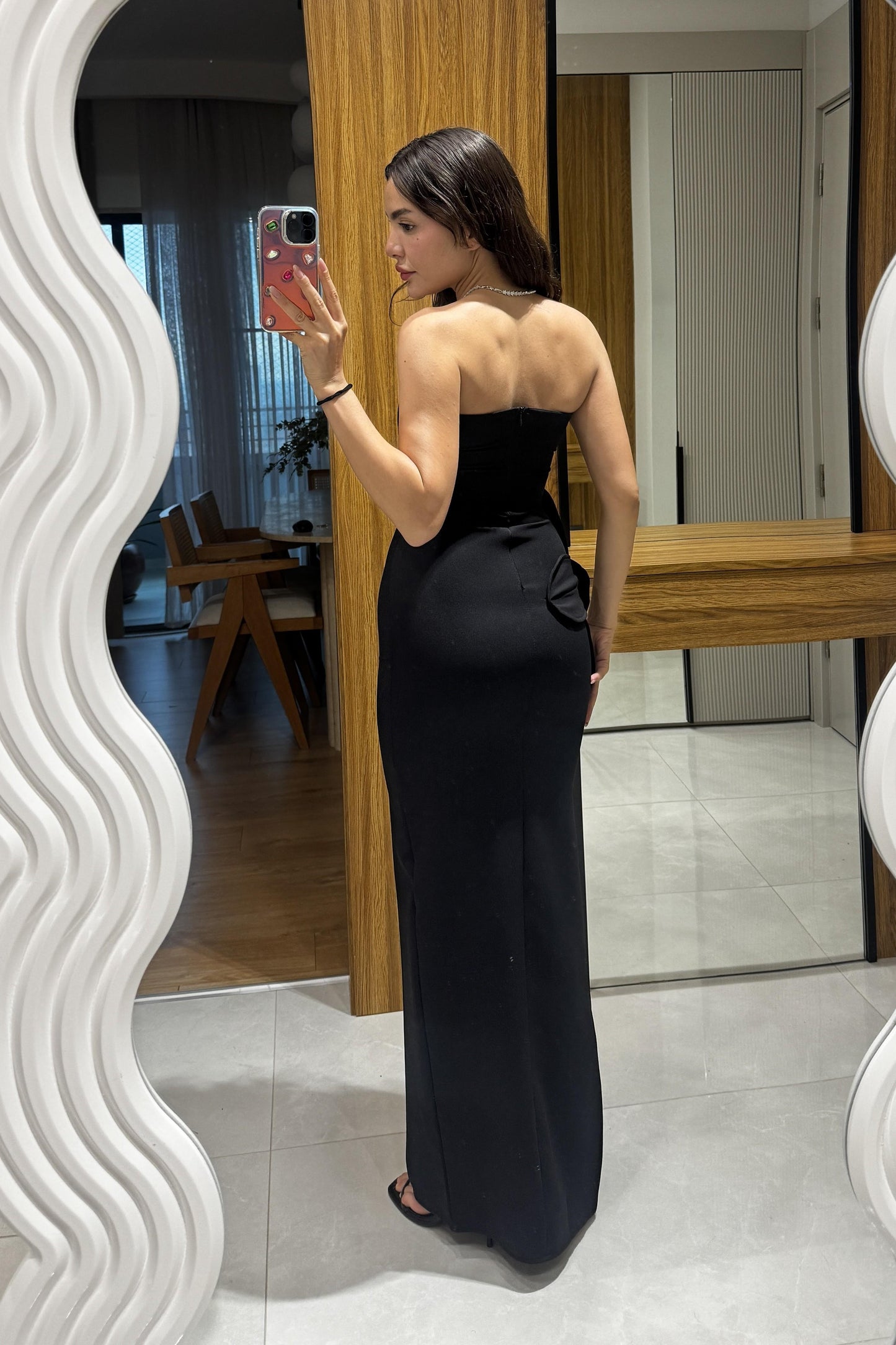 Orselle Siyah Gül Detaylı Straplez Elbise