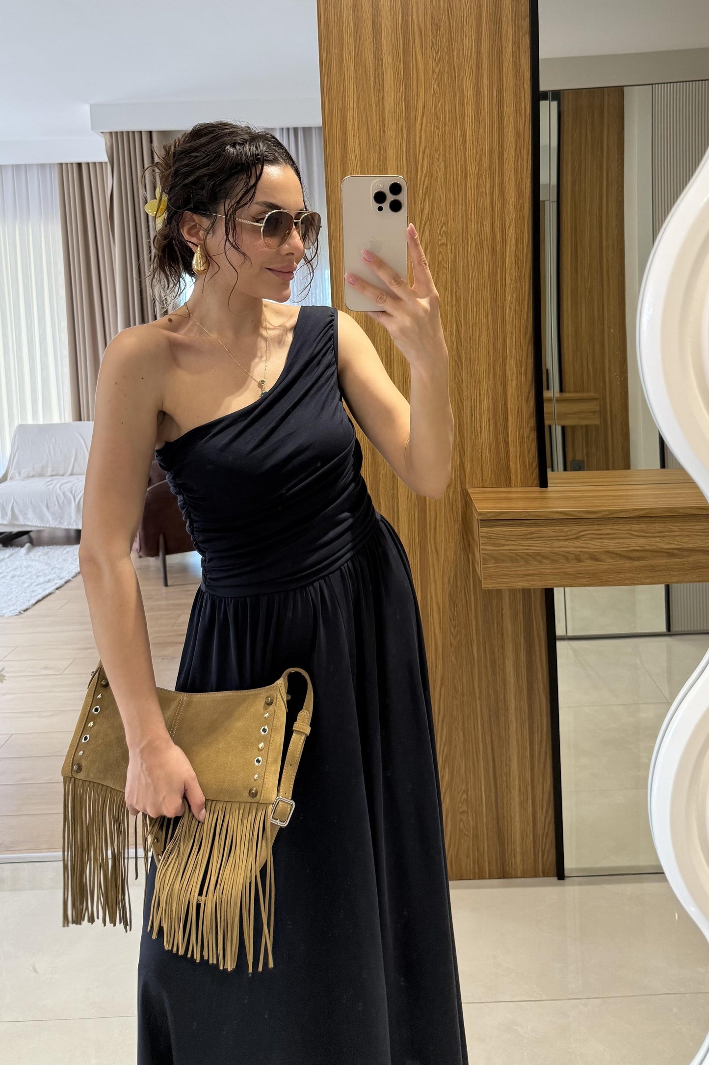 Oslo Lacivert Tek Omuz Modal Elbise