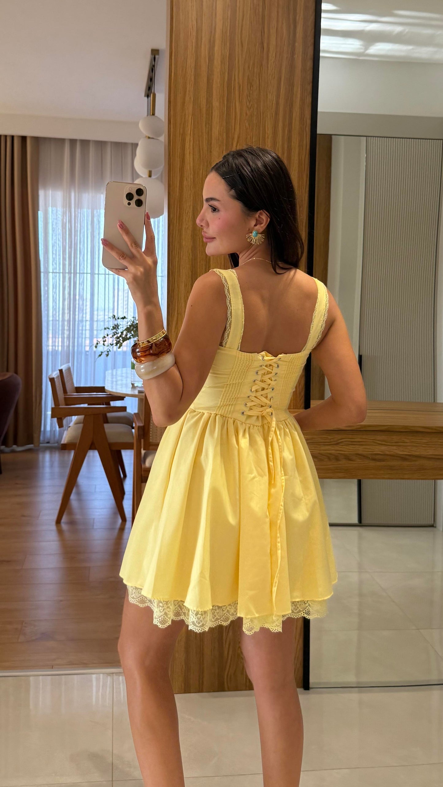 Oxana Sarı Dantel Korsel Etkili Elbise