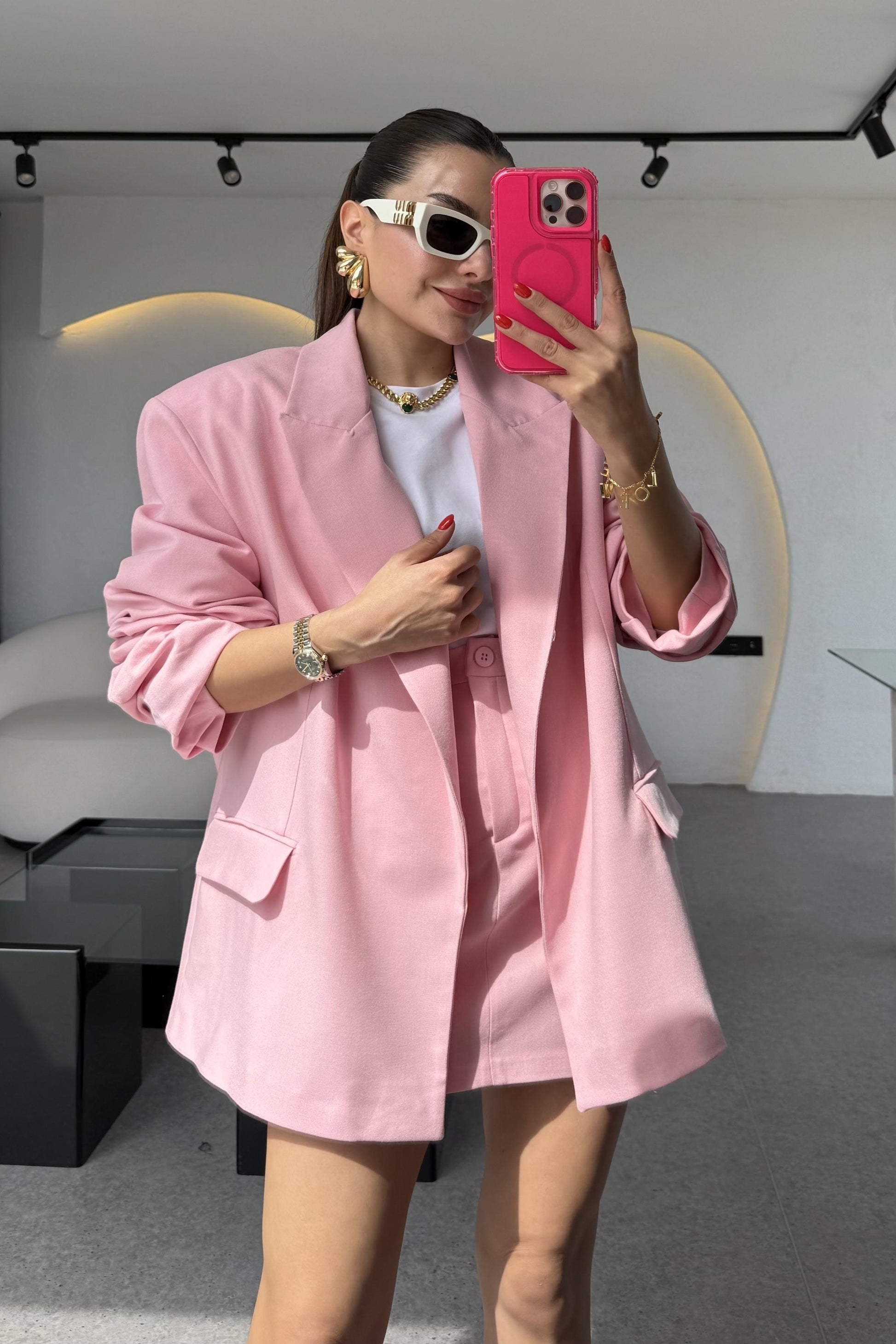 Pargeo Pembe Keten Şort Etek Blazer Takım