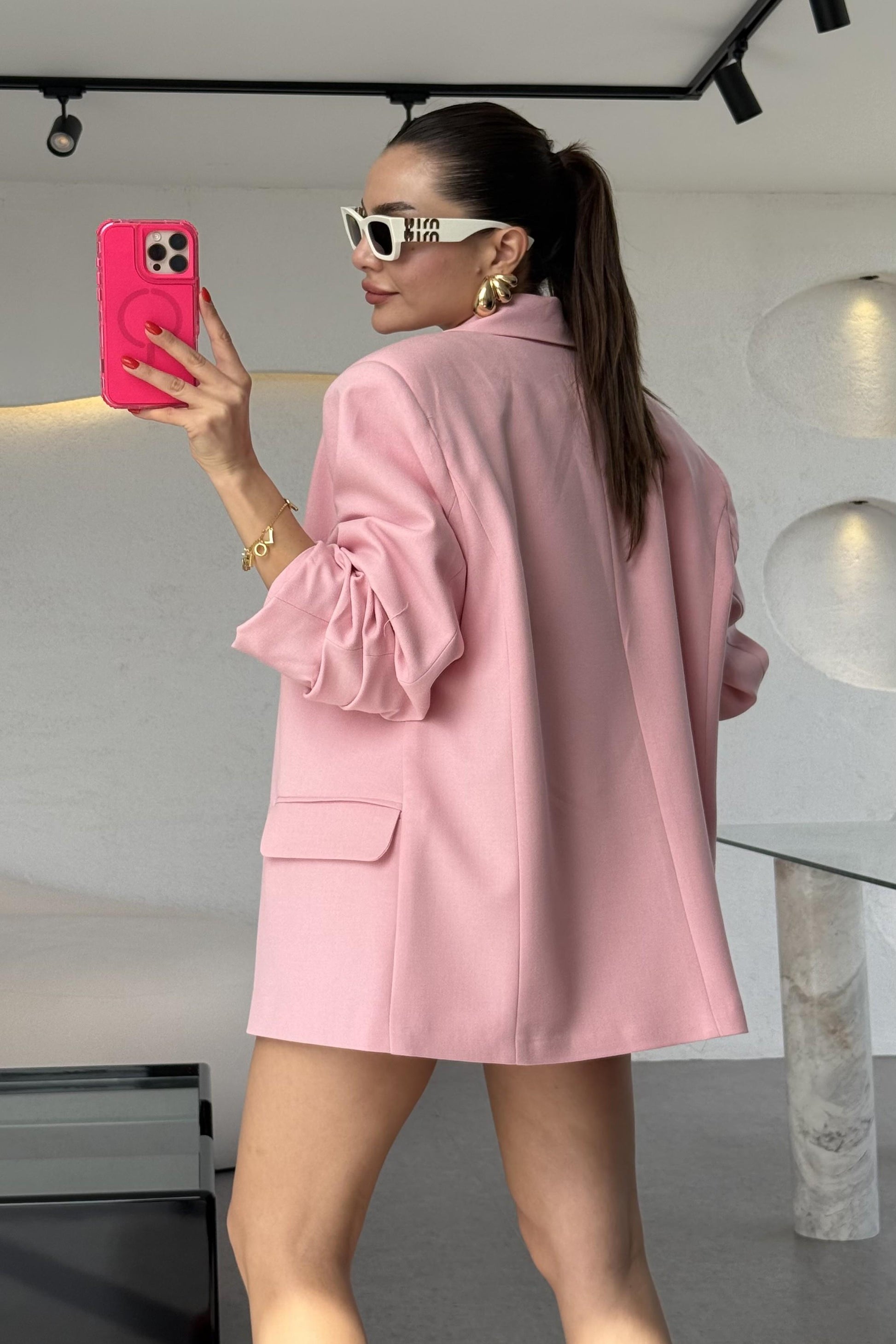 Pargeo Pembe Keten Şort Etek Blazer Takım