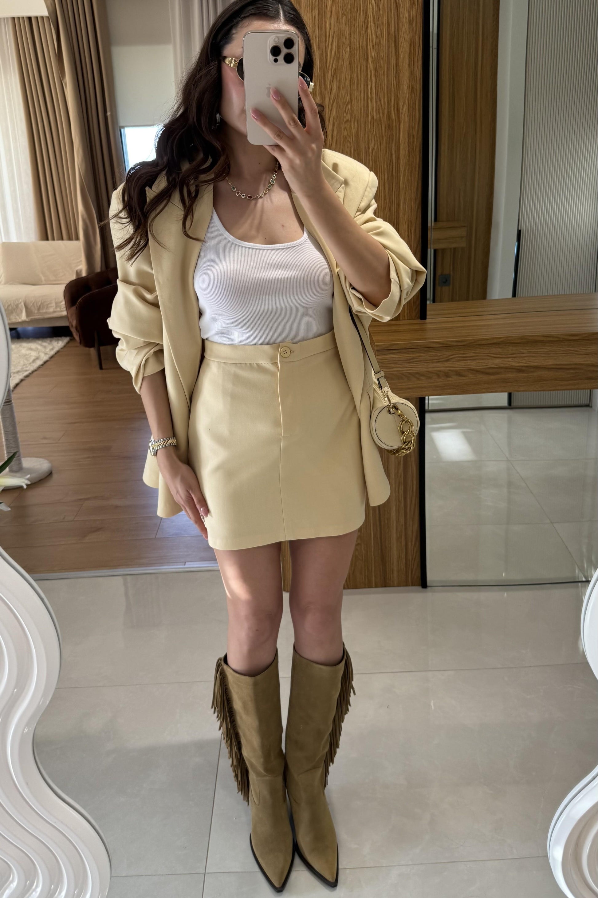 Pargeo Sarı Keten Şort Etek Blazer Takım