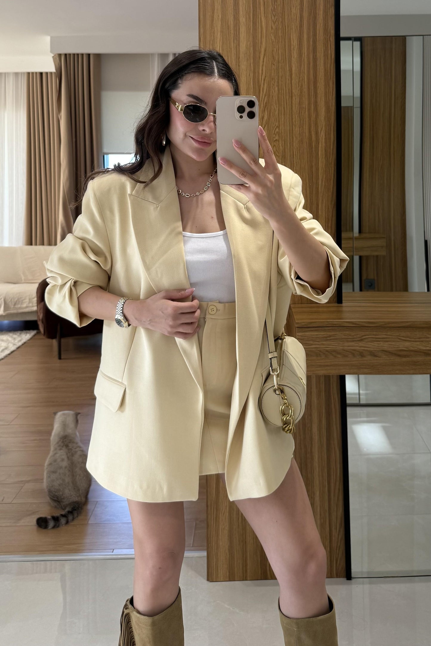 Pargeo Sarı Keten Şort Etek Blazer Takım