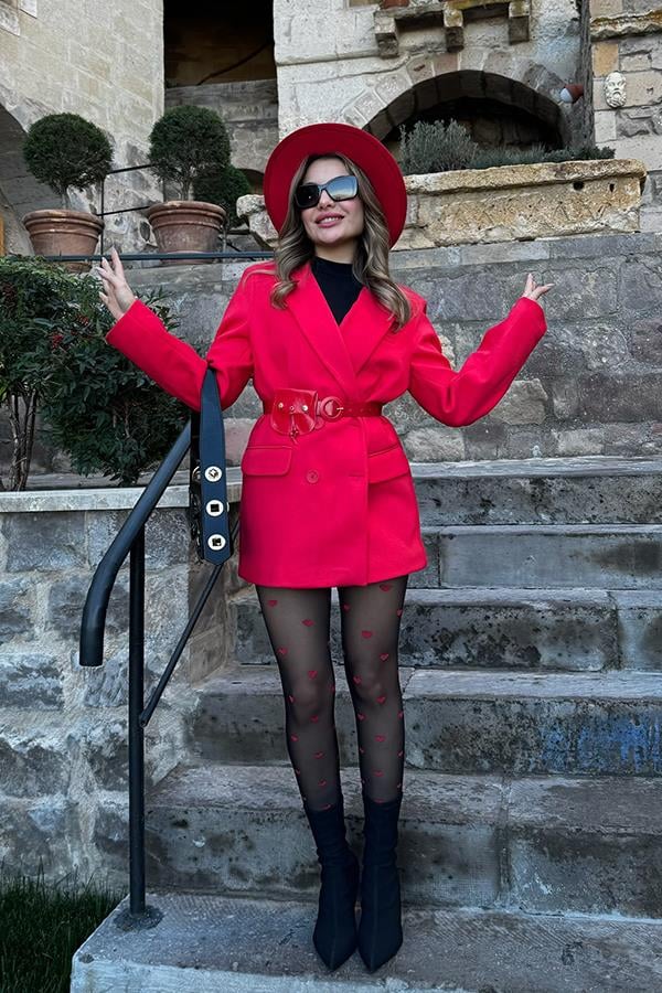 Patrica Kruvaze Kemerli Kaşe Blazer Ceket - Kırmızı