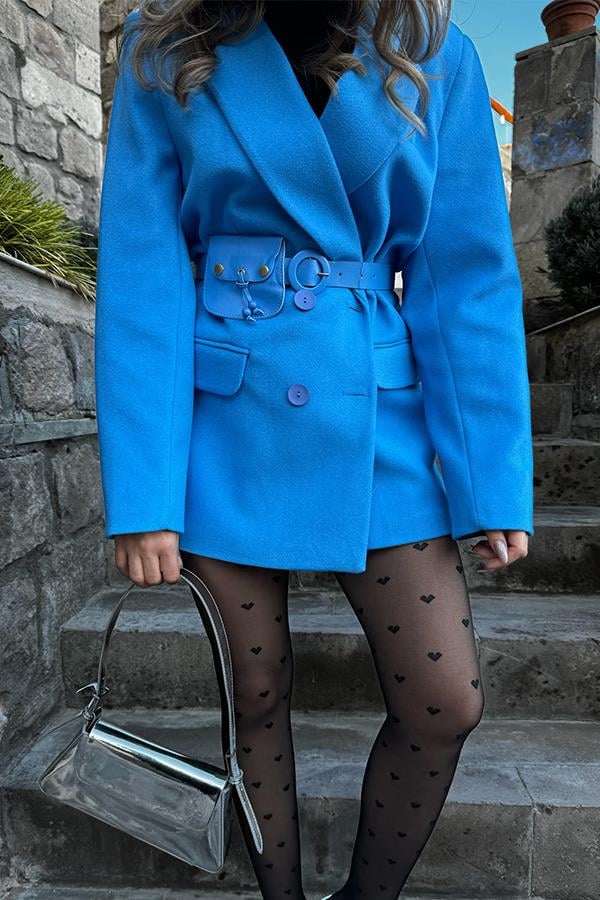 Patrica Kruvaze Kemerli Kaşe Blazer Ceket - Mavi