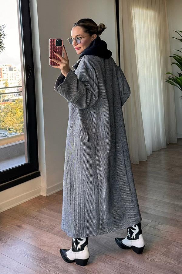 Pearl Balık Sırtı Oversize Kaban - Lacivert