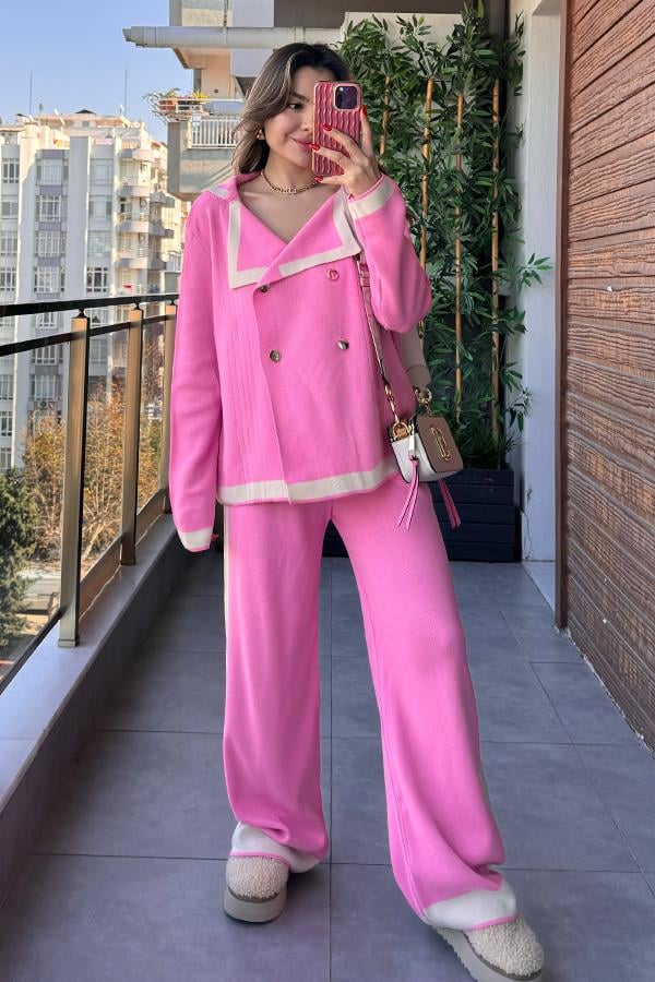 Peggy Şeritli Triko Takım - Pembe