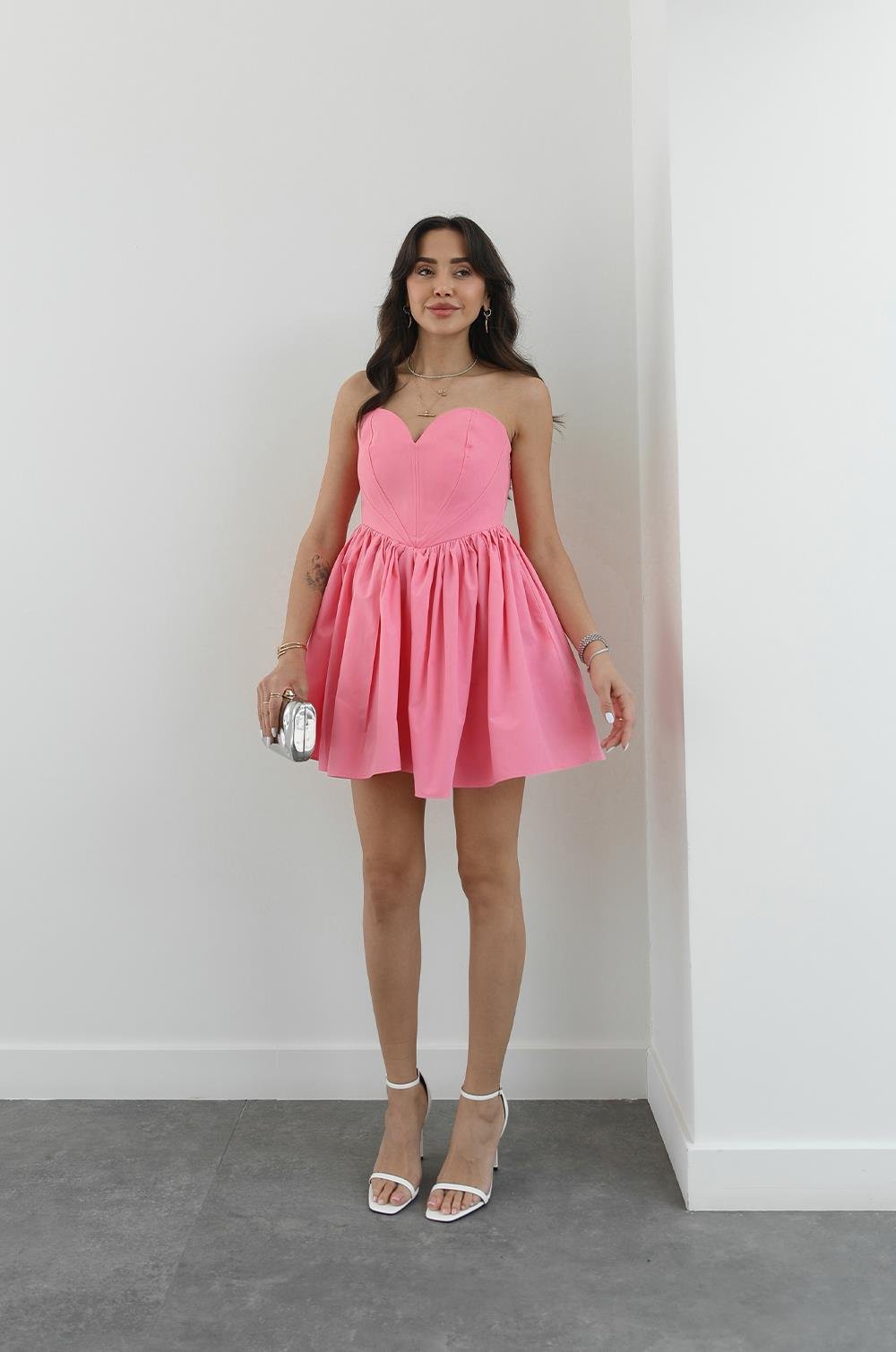 PEMBE KALP YAKA MINI ELBISE