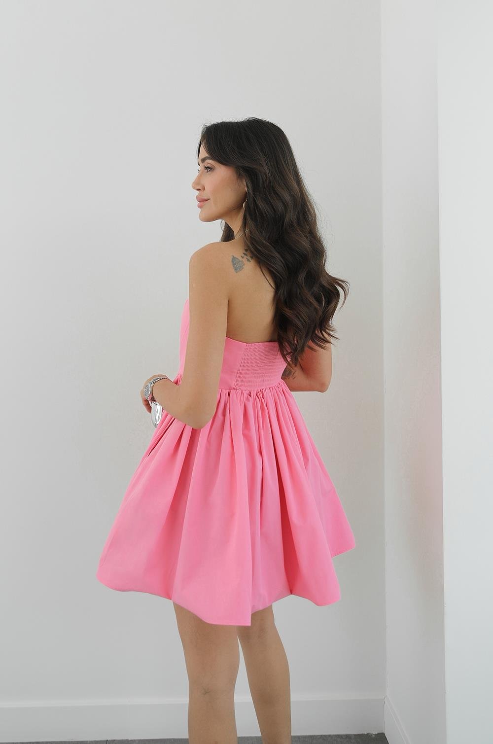 PEMBE KALP YAKA MINI ELBISE