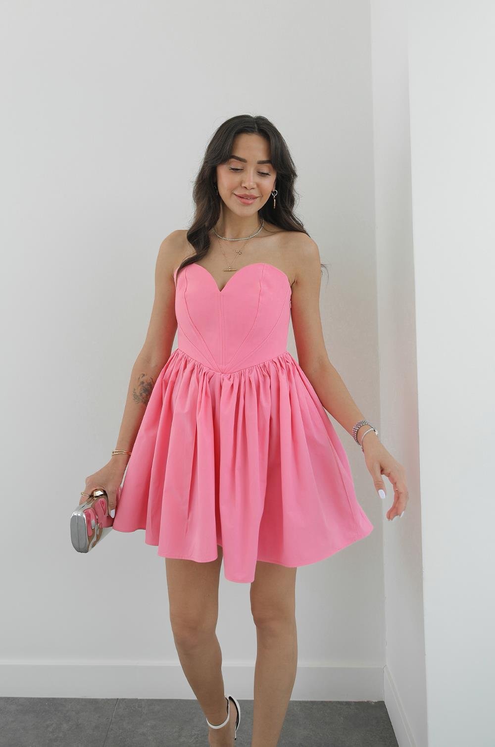 PEMBE KALP YAKA MINI ELBISE
