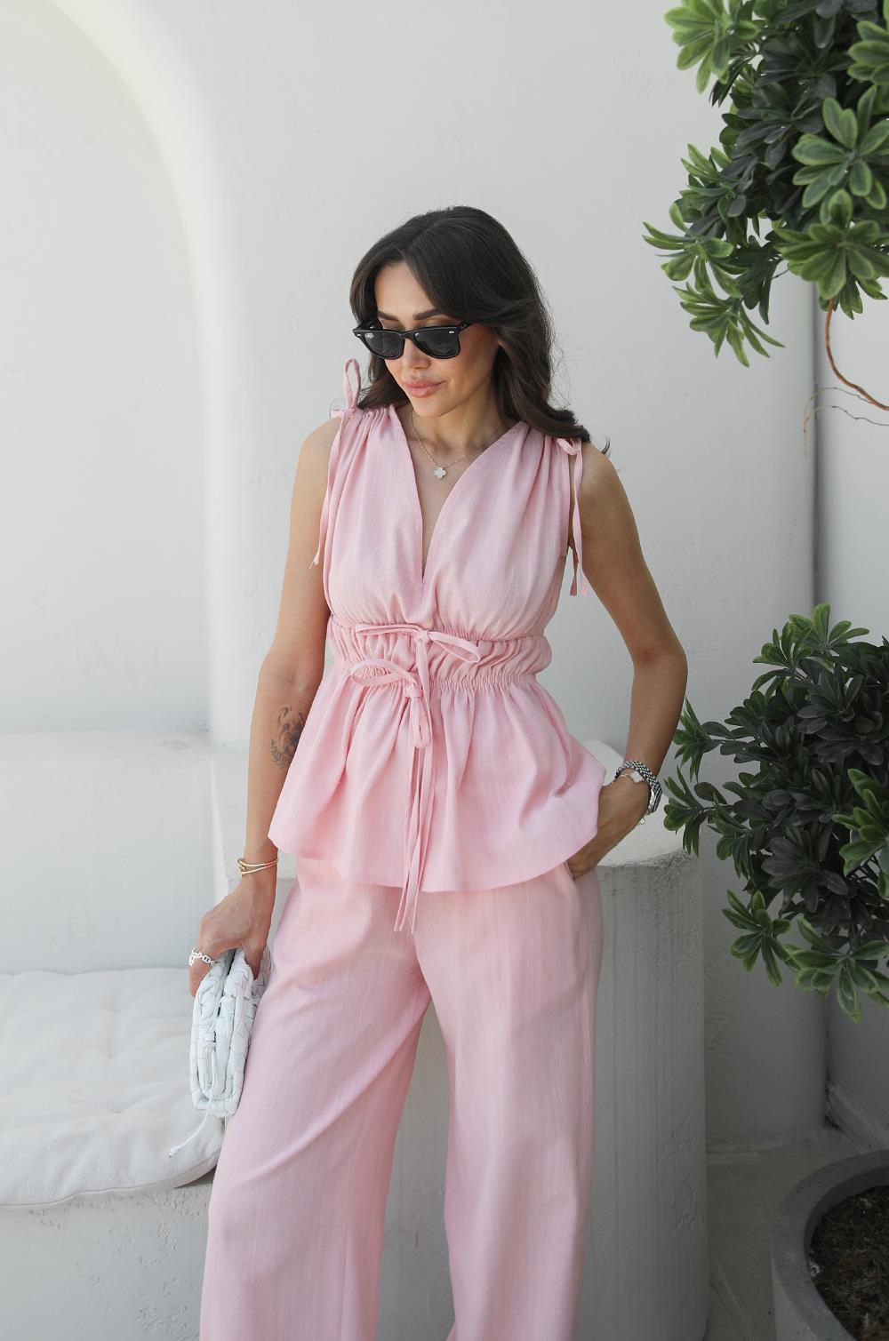 PEMBE LASTIK DETAYLI BLUZ PANTOLON TAKIM