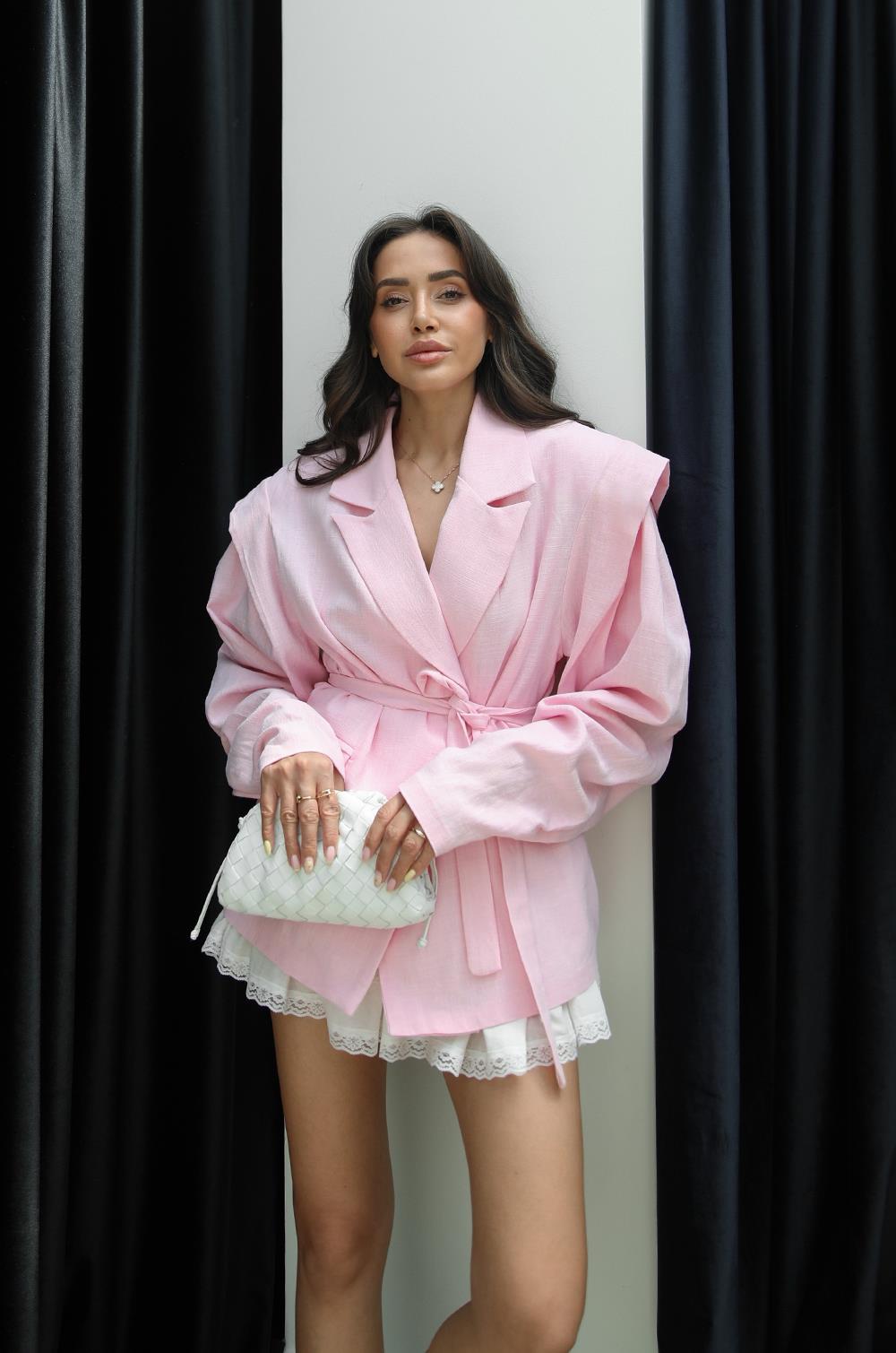 PEMBE SALVIA VATKALI KUŞAKLI KETEN CEKET