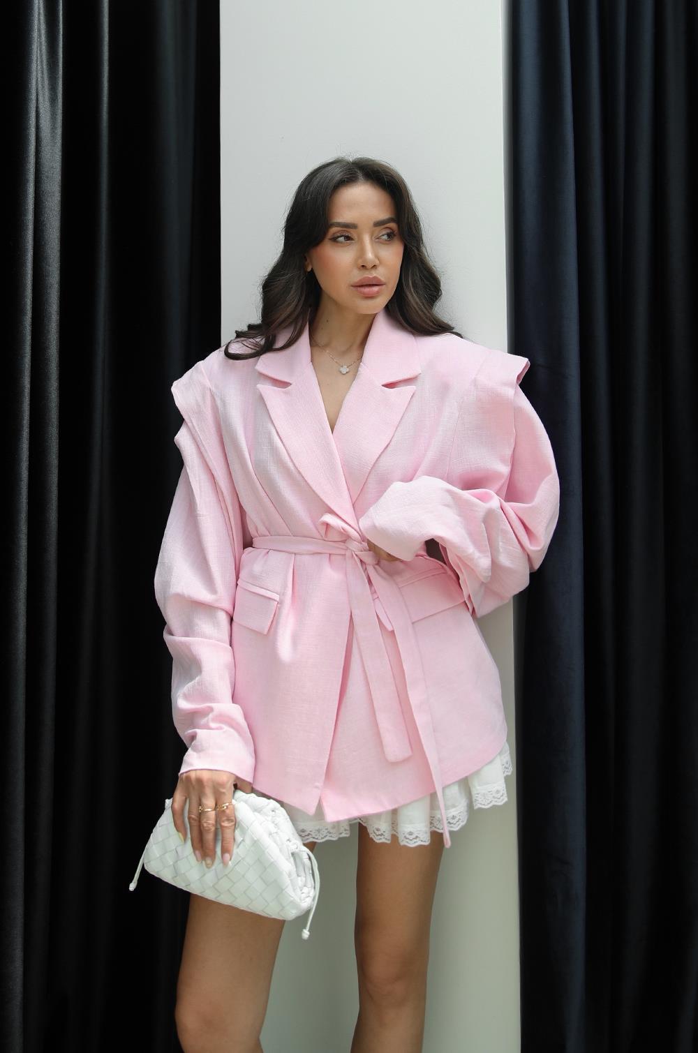 PEMBE SALVIA VATKALI KUŞAKLI KETEN CEKET