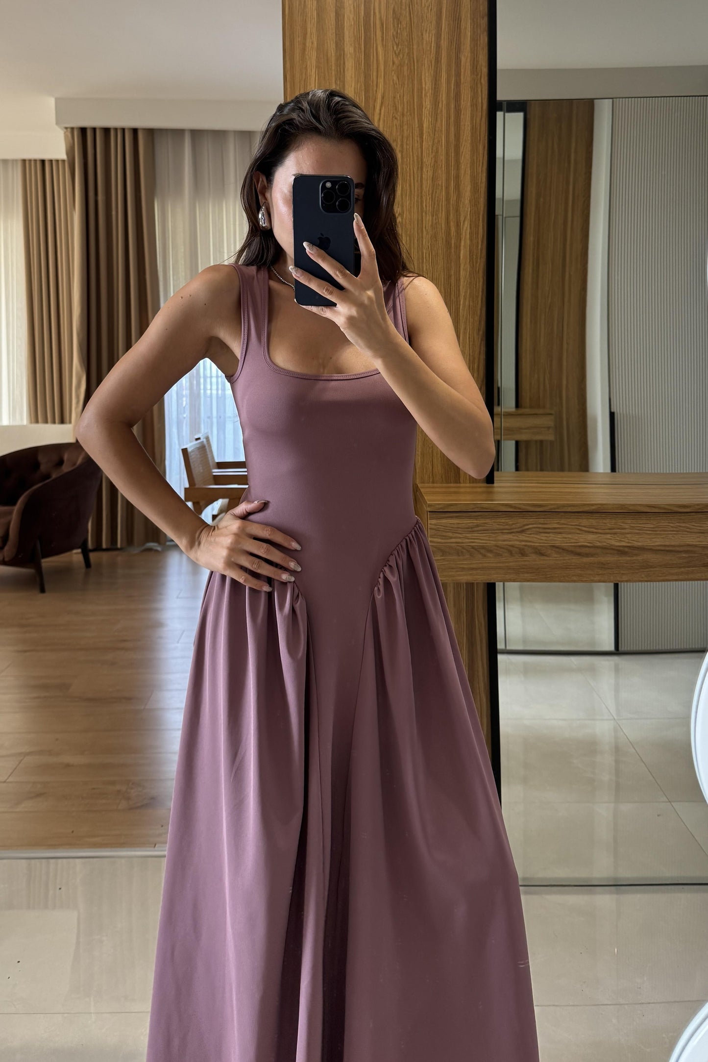 Perast Gül Kurusu Belden Oturtmalı Maxi Modal Elbise