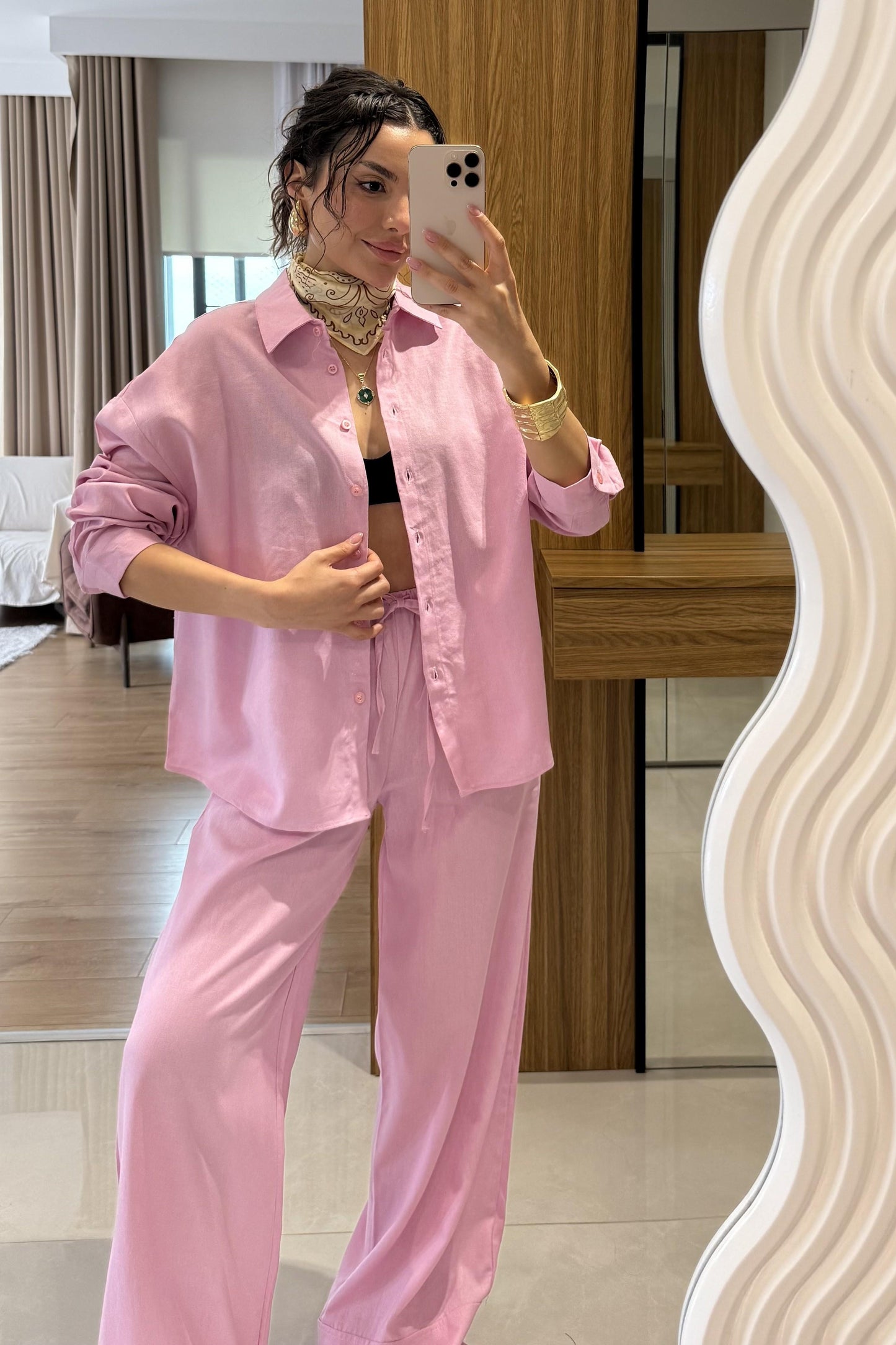 Peru Pembe Ham Keten Gömlek Pantolon Takım