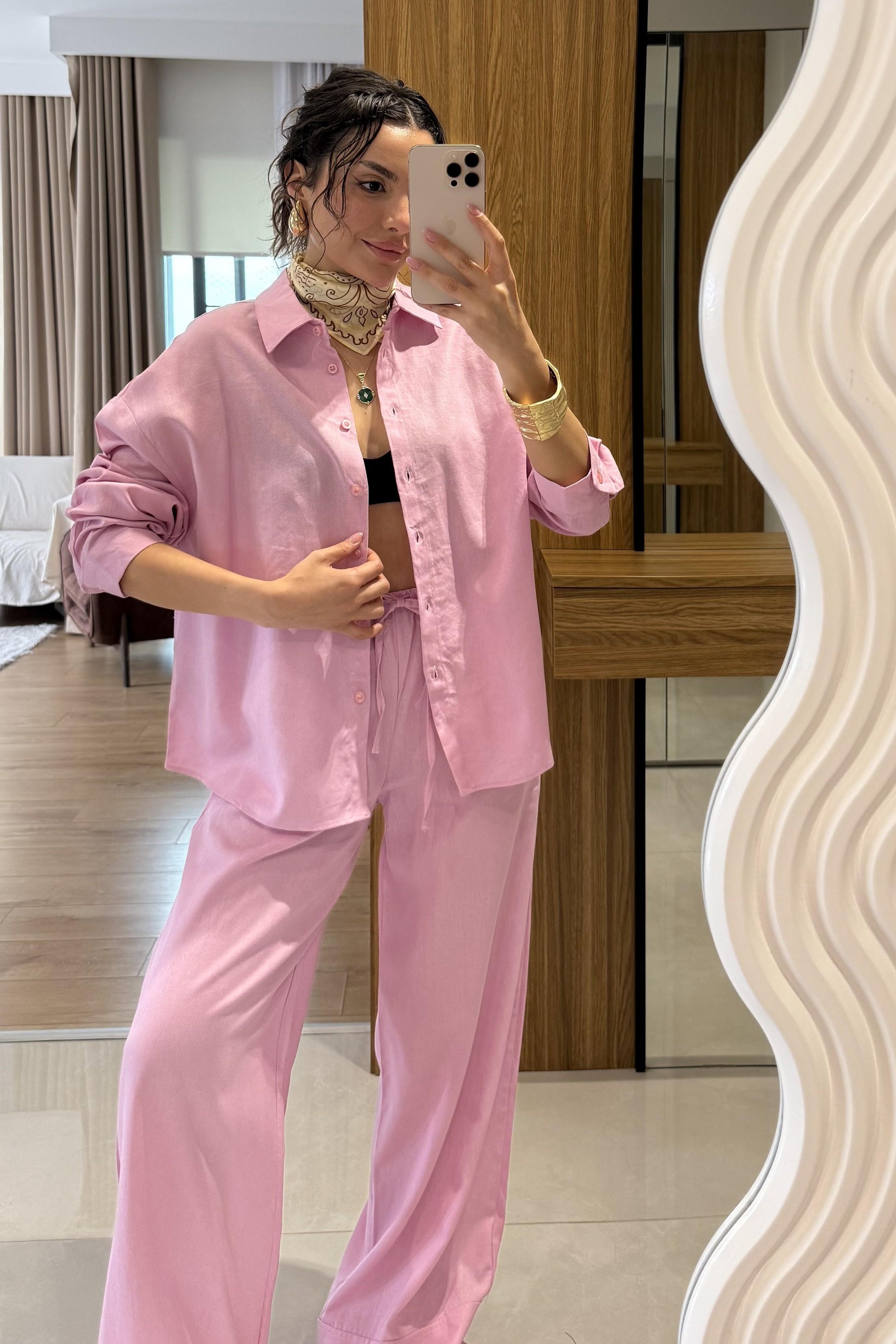 Peru Pembe Ham Keten Gömlek Pantolon Takım