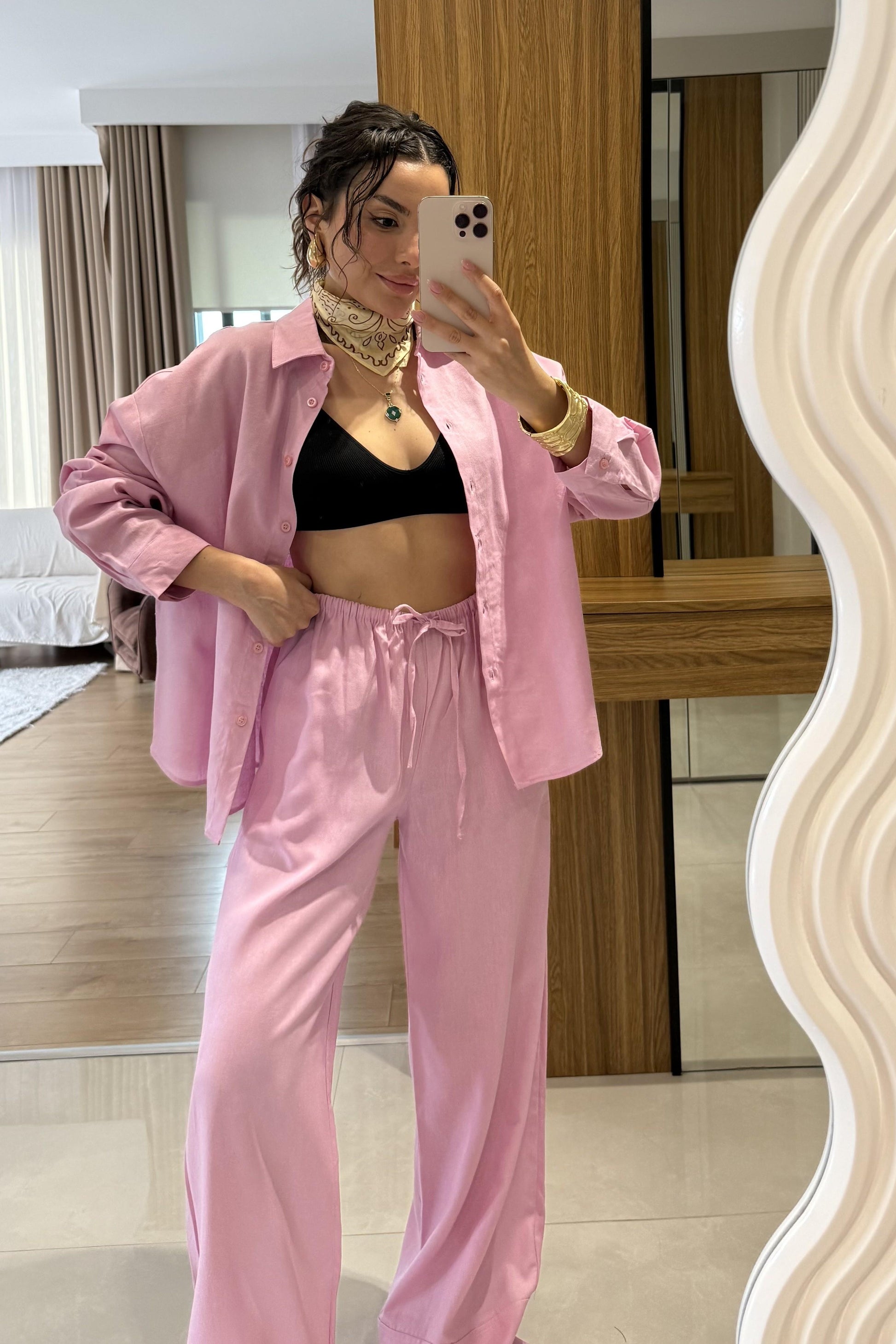 Peru Pembe Ham Keten Gömlek Pantolon Takım