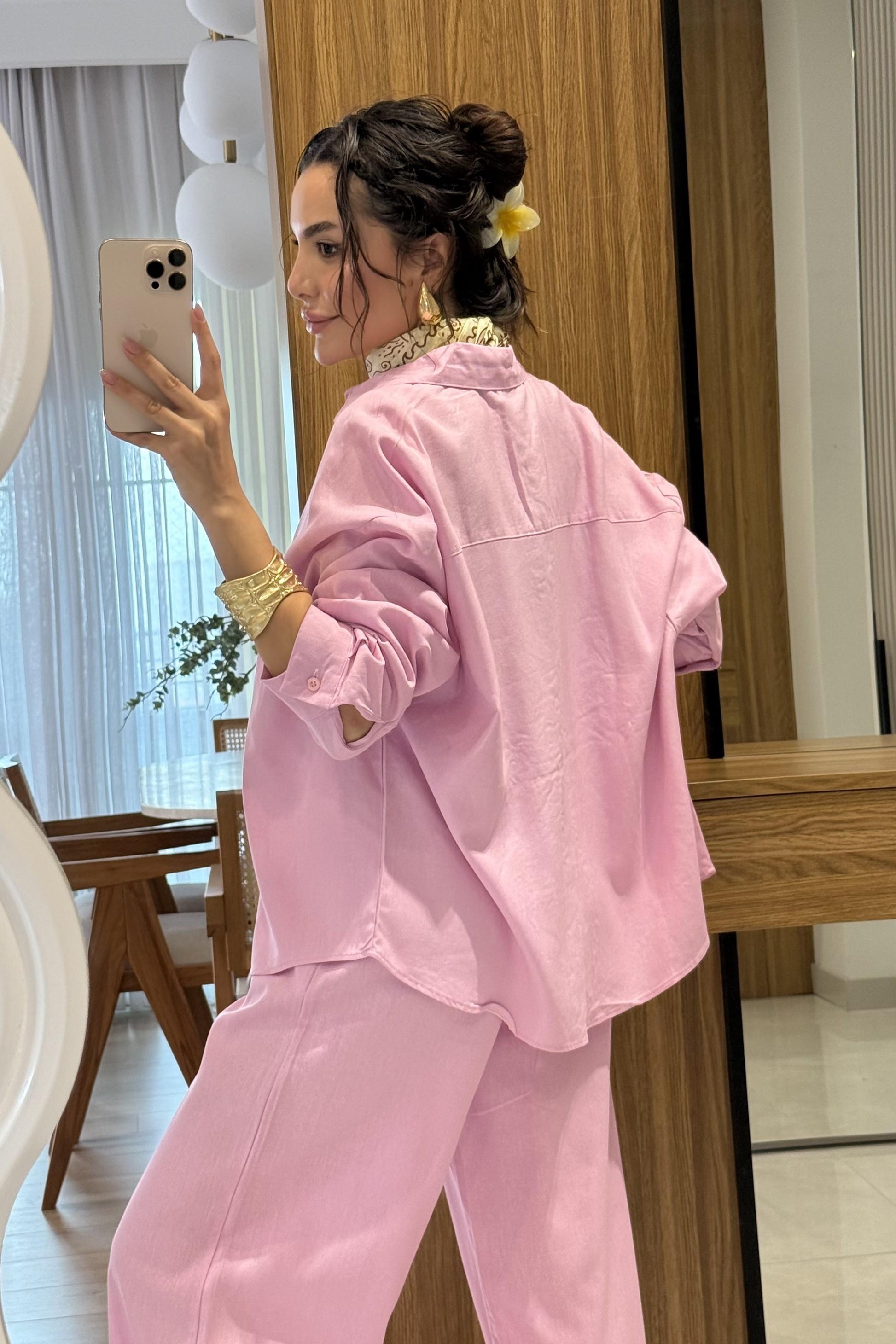Peru Pembe Ham Keten Gömlek Pantolon Takım
