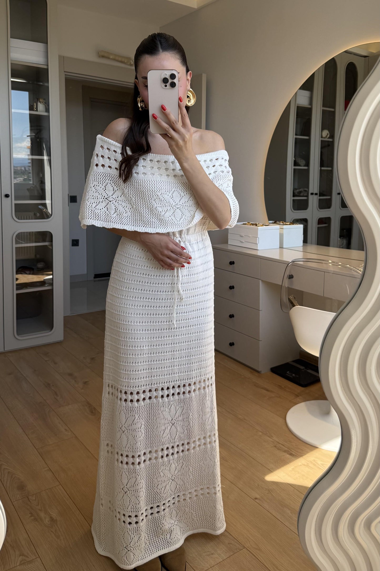 Piers Ekru Madonna Yaka Triko Elbise