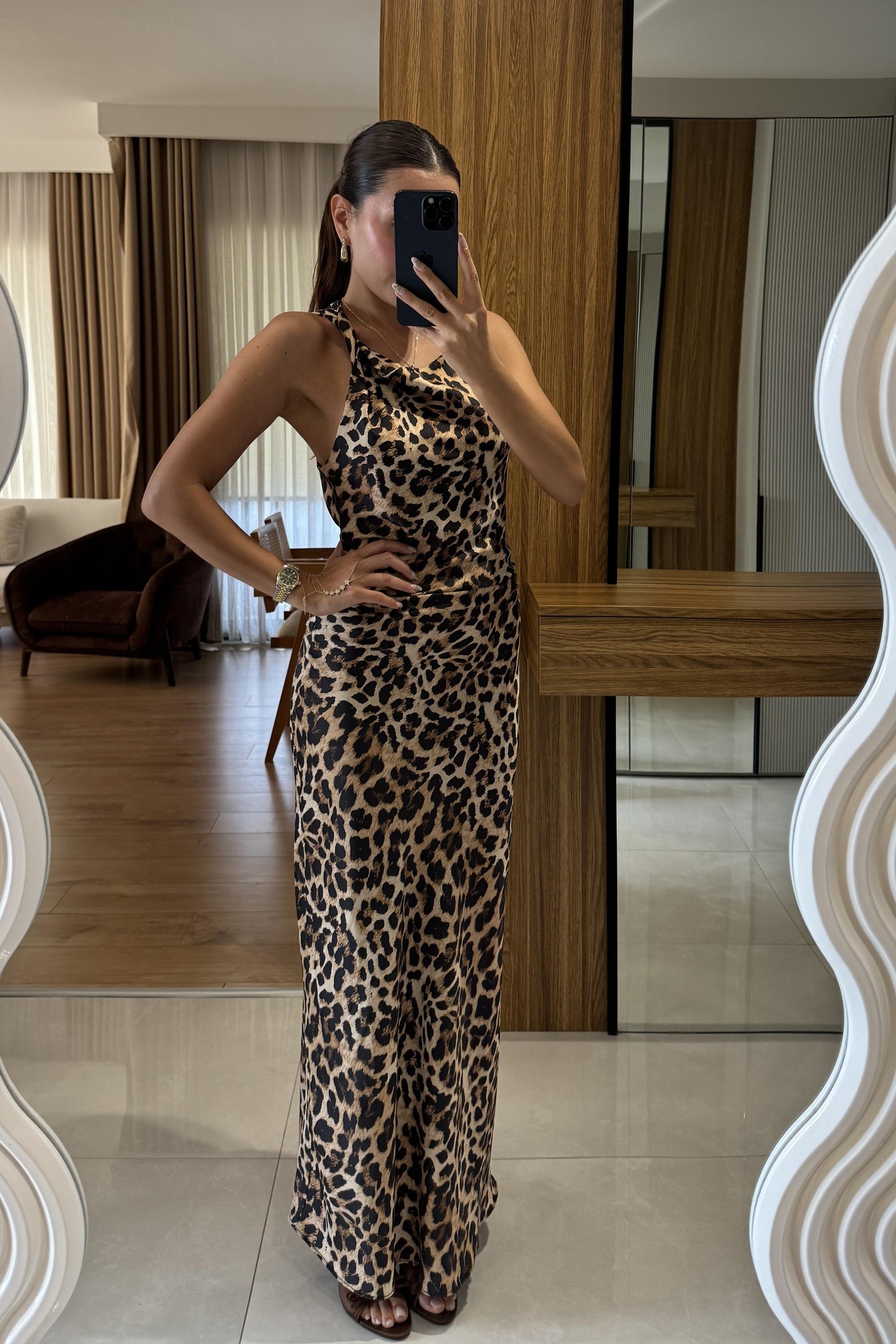 Pieta Leopar Saten Maxi Elbise