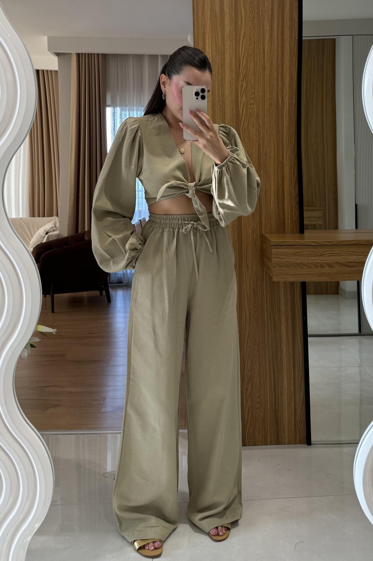 Pietro Haki Bağlamalı Keten Takım