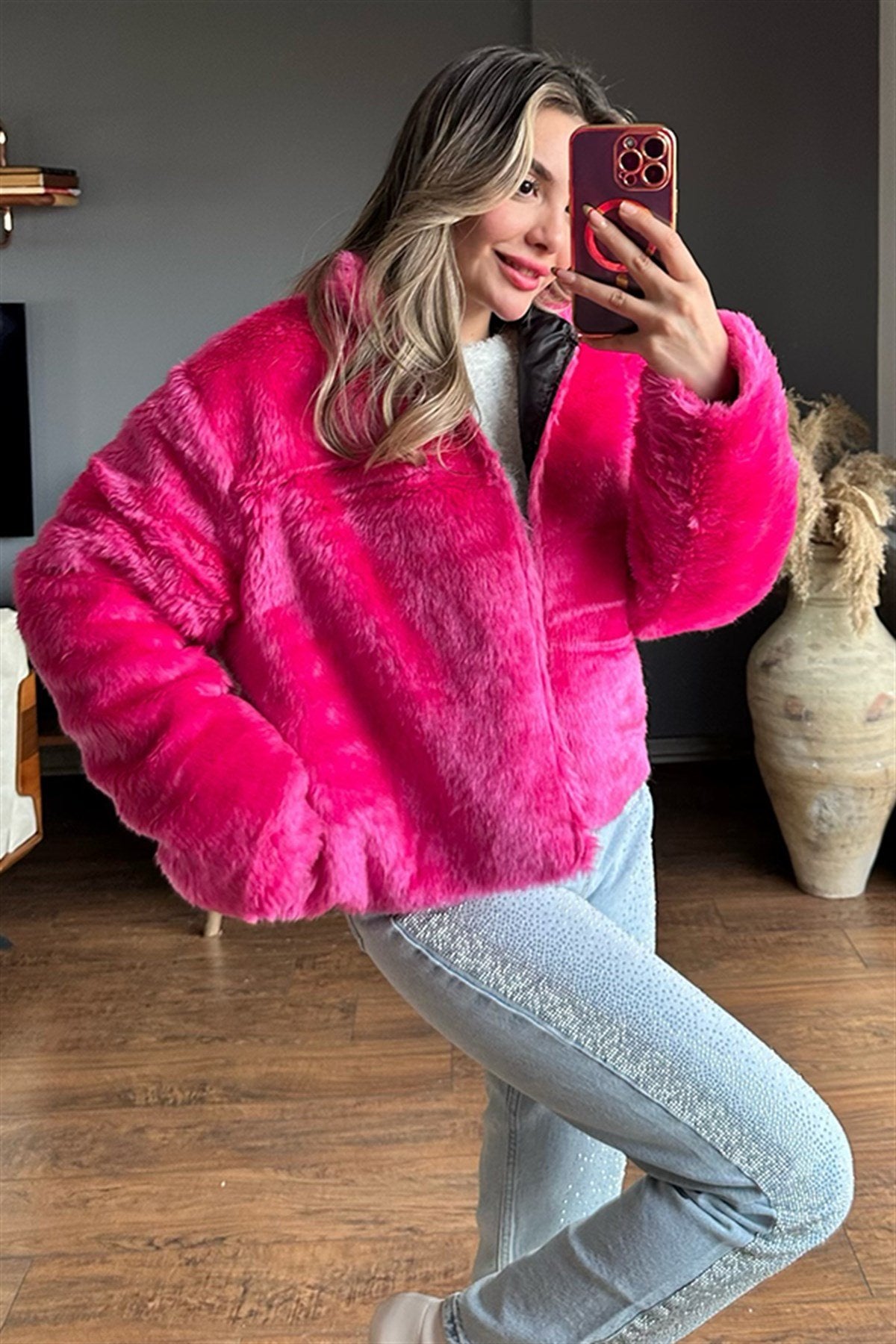 Pink peluş tasarım ceket