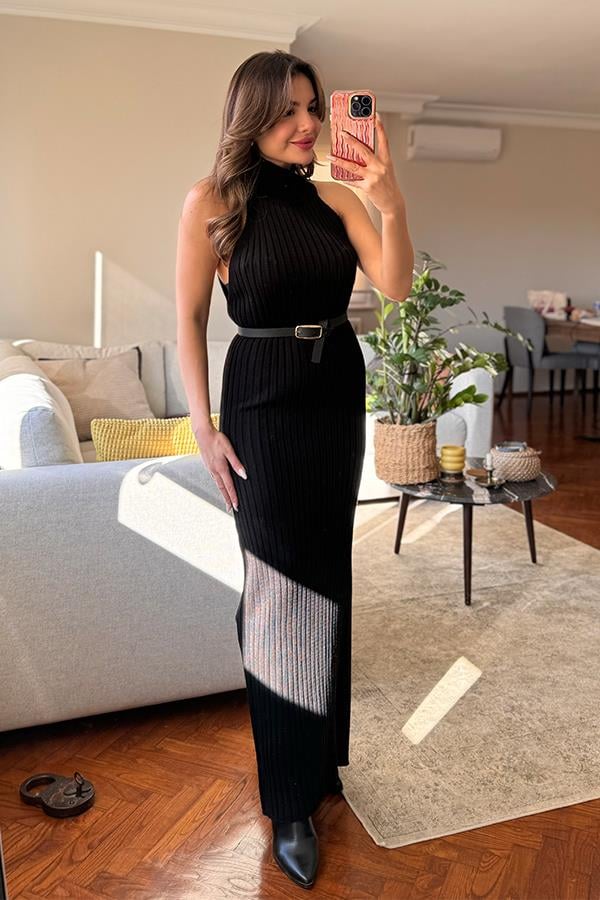 Powel Halter Yaka Triko Elbise - Siyah