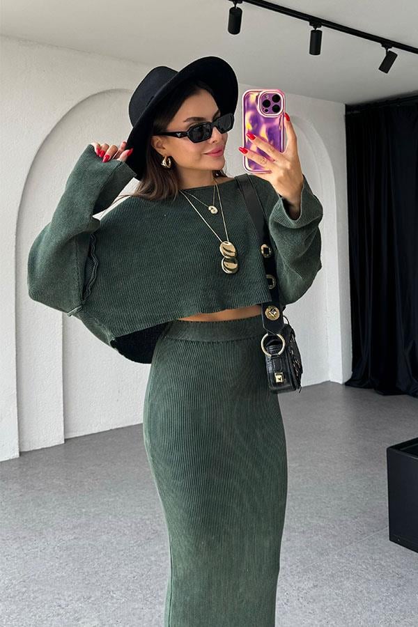 Pradan Fitilli Yıkama Haki Etek Takım