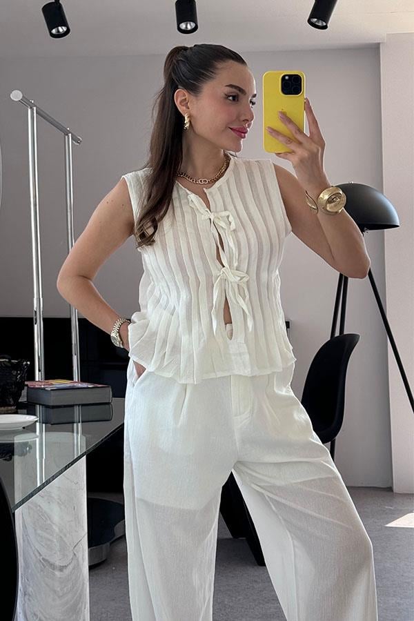 Presy Keten Bağlamalı Pantolon Yelek Takım-Beyaz