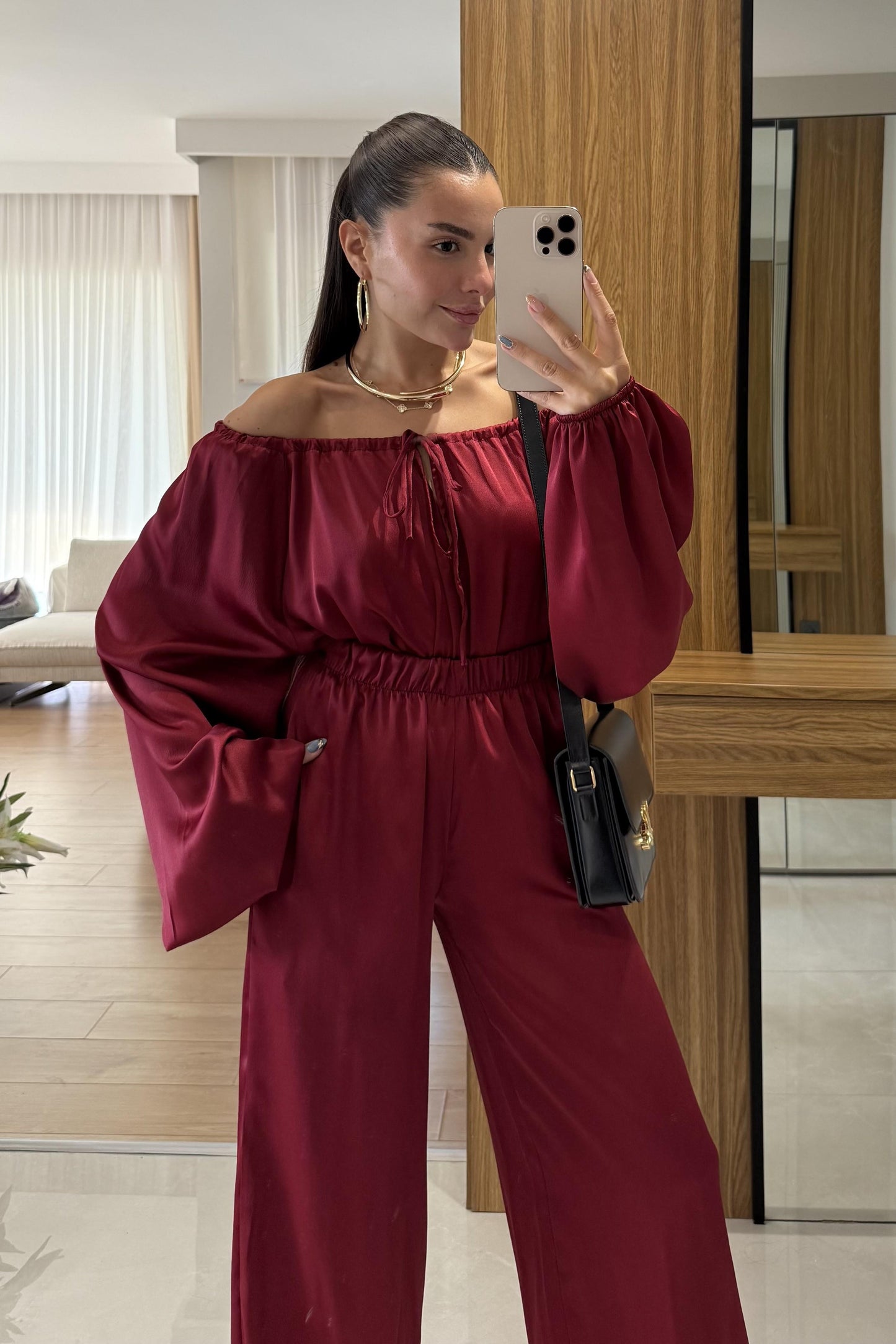 Priste Bordo Saten İkili Takım