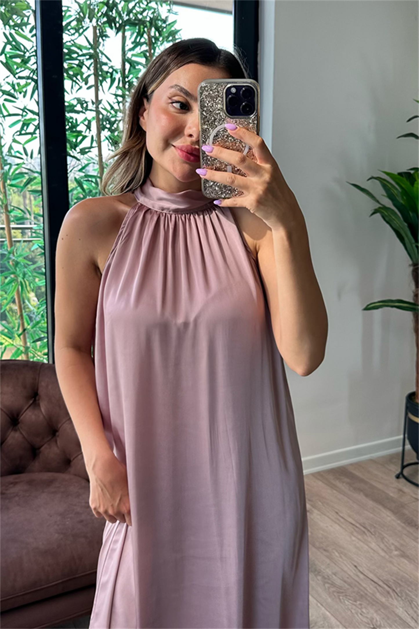 Pudra pembe maxi saten elbise