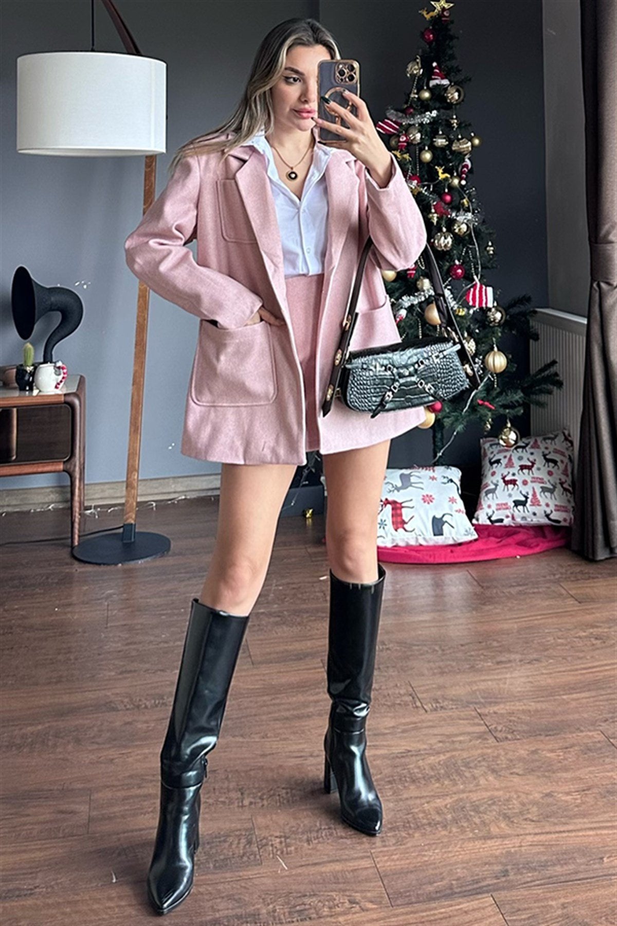 Pudra pembesi kaşe blazer ceket