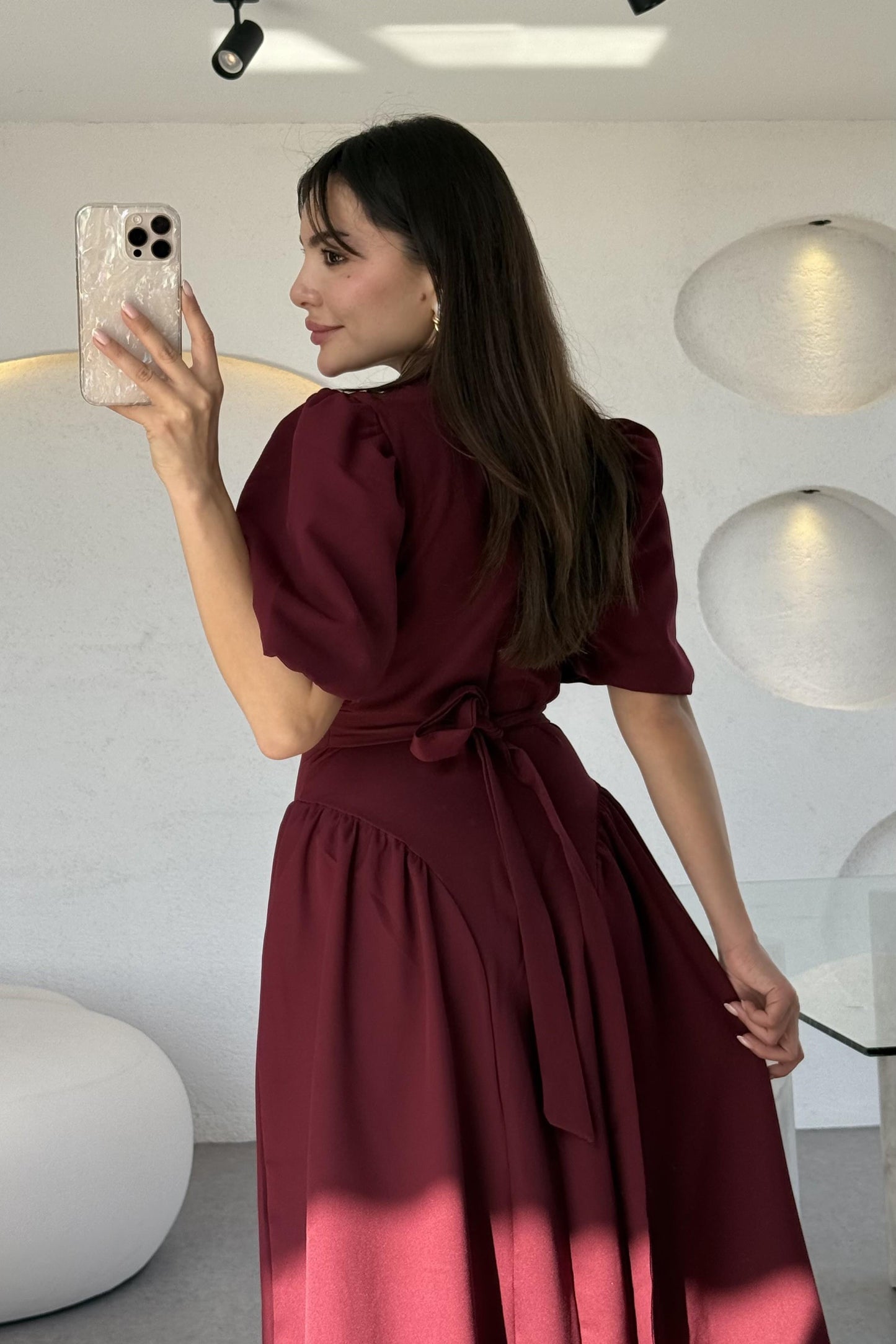 Pyura Bordo Balon Kol Korse Model Elbise