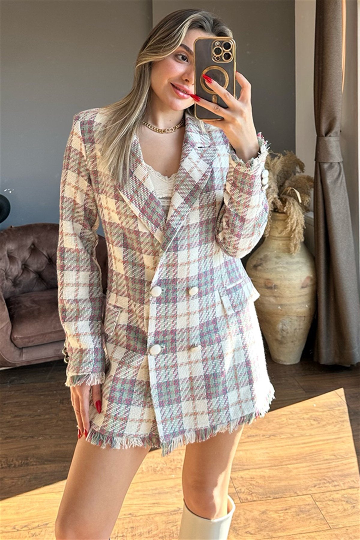 Queen krem alt tonlu tüvit blazer ceket