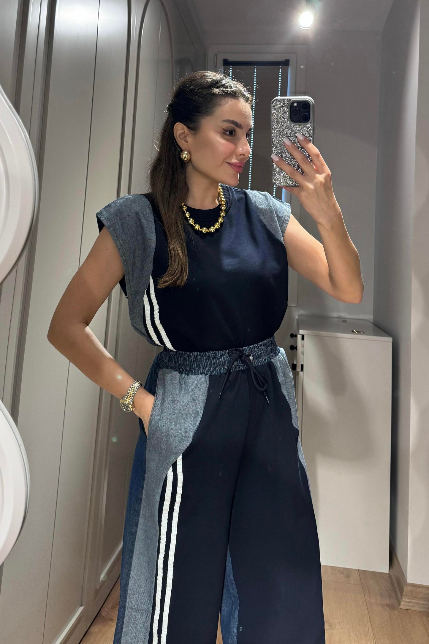 Raige Lacivert Kot Karışımlı Şeritli Takım