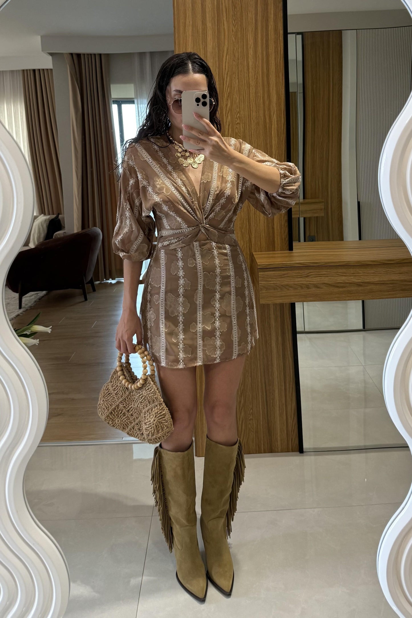 Ravira Kahve Fistolu Balon Kol Ön Düğümlü Elbise