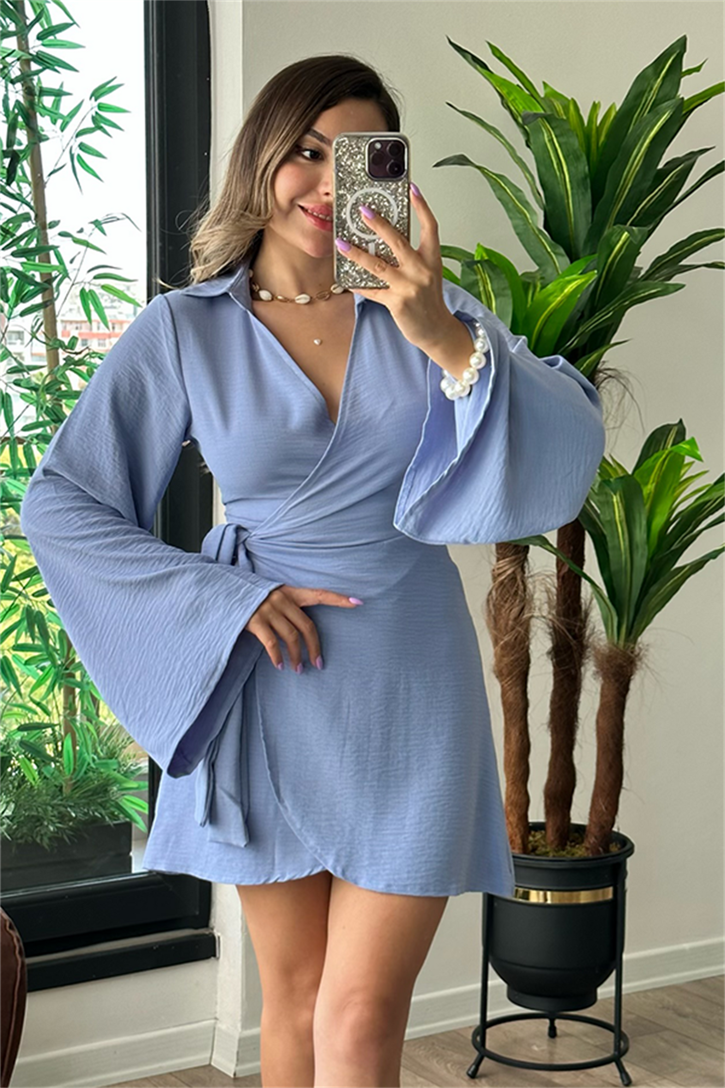 Rena kruvaze aerobin elbise - Mavi