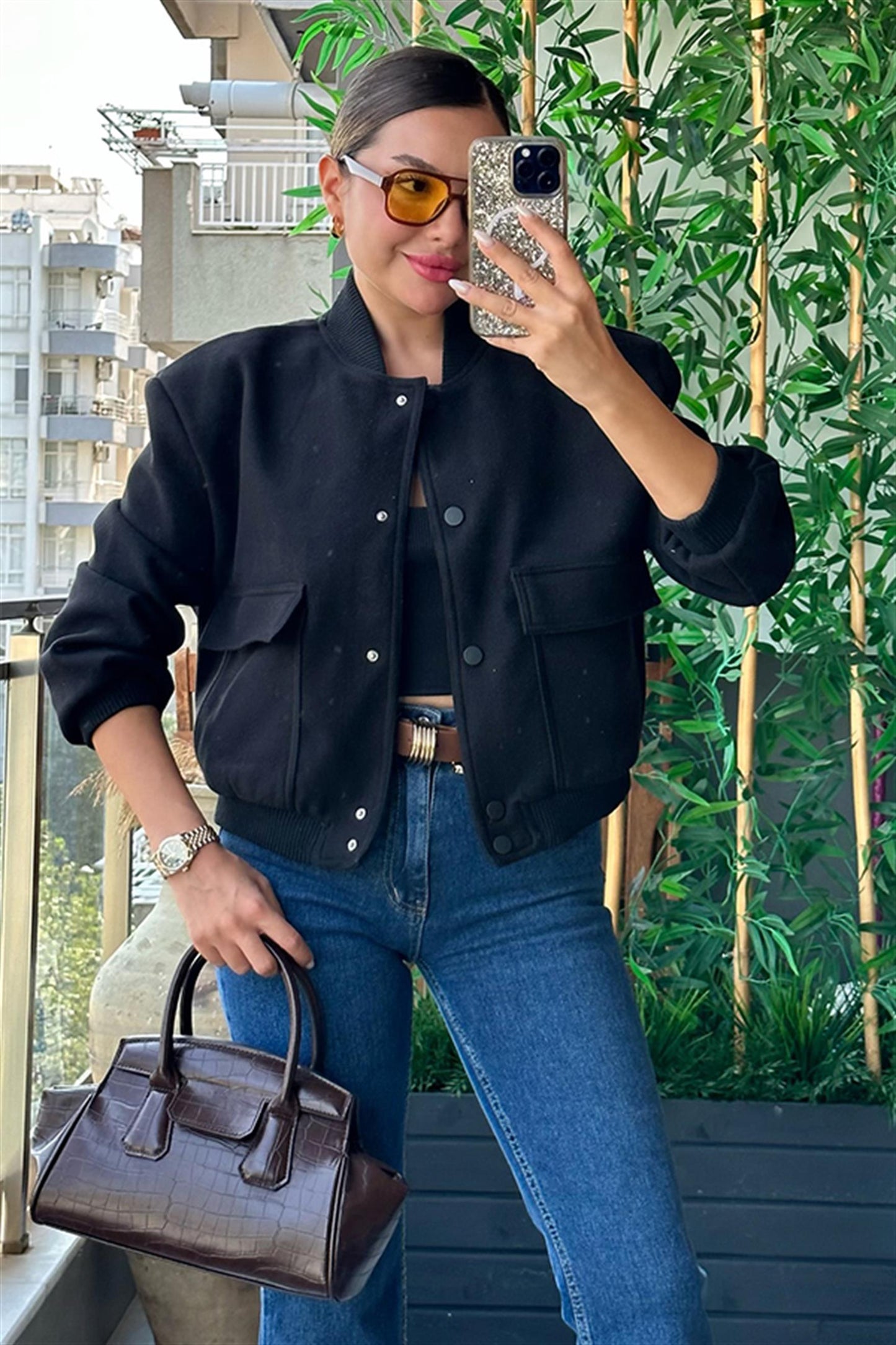 Reni siyah cepli bomber ceket