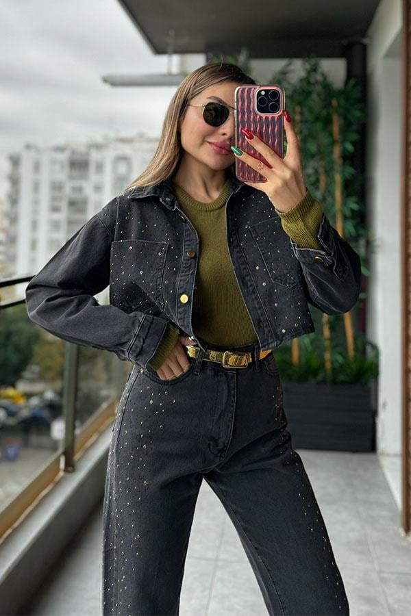 Resse Zımbalı Mom Jean - Kot Ceket Takım