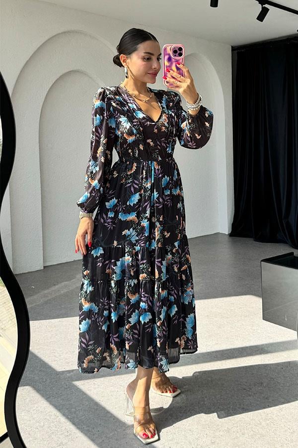 Rina Siyah Desenli Şifon Elbise