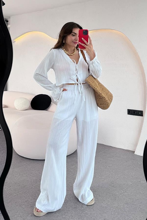 Rio Bağcıklı Bluz Pantolon Takım - Beyaz