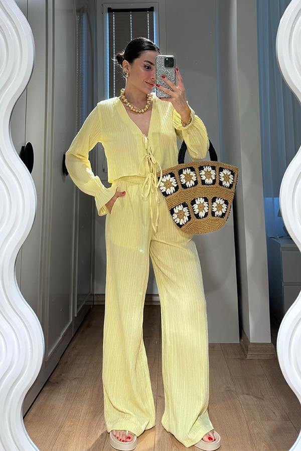 Rio Bağcıklı Bluz Pantolon Takım - Sarı