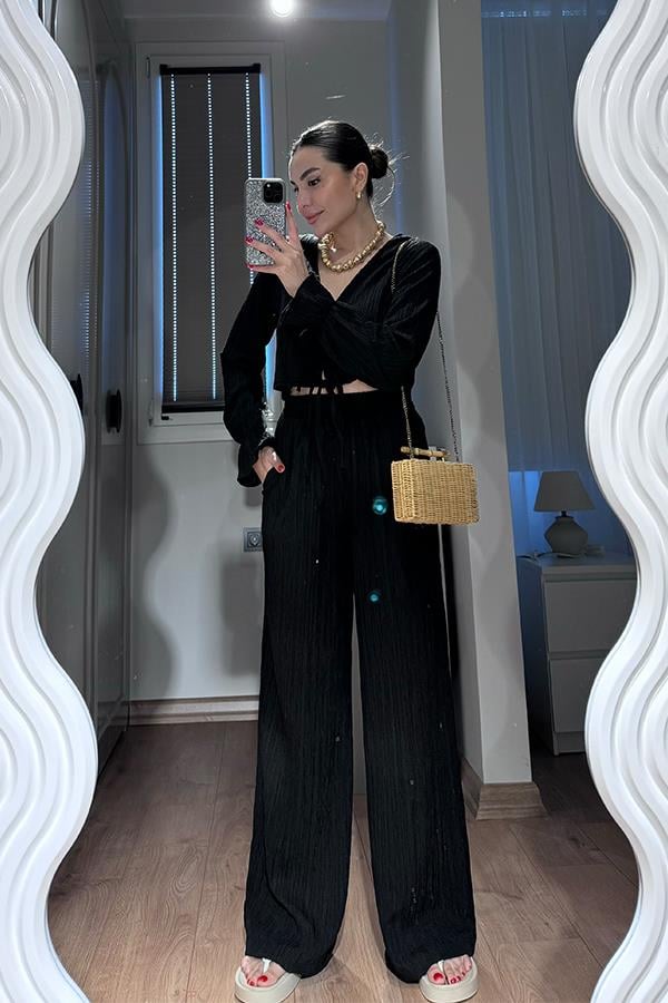 Rio Bağcıklı Bluz Pantolon Takım - Siyah