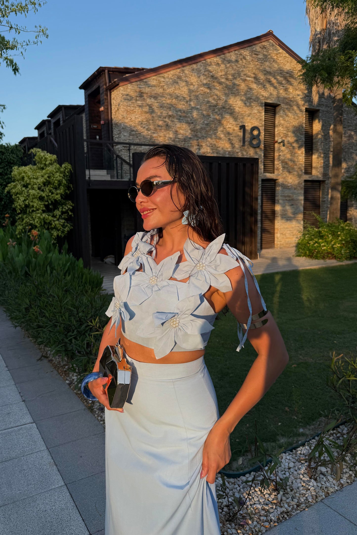 Rita Mavi Çiçekli Çan Etekli Takım