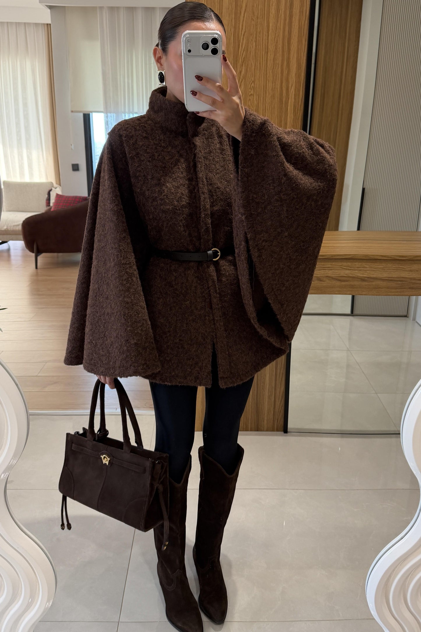 Rommy Kahve Kemerli Keçe Panço